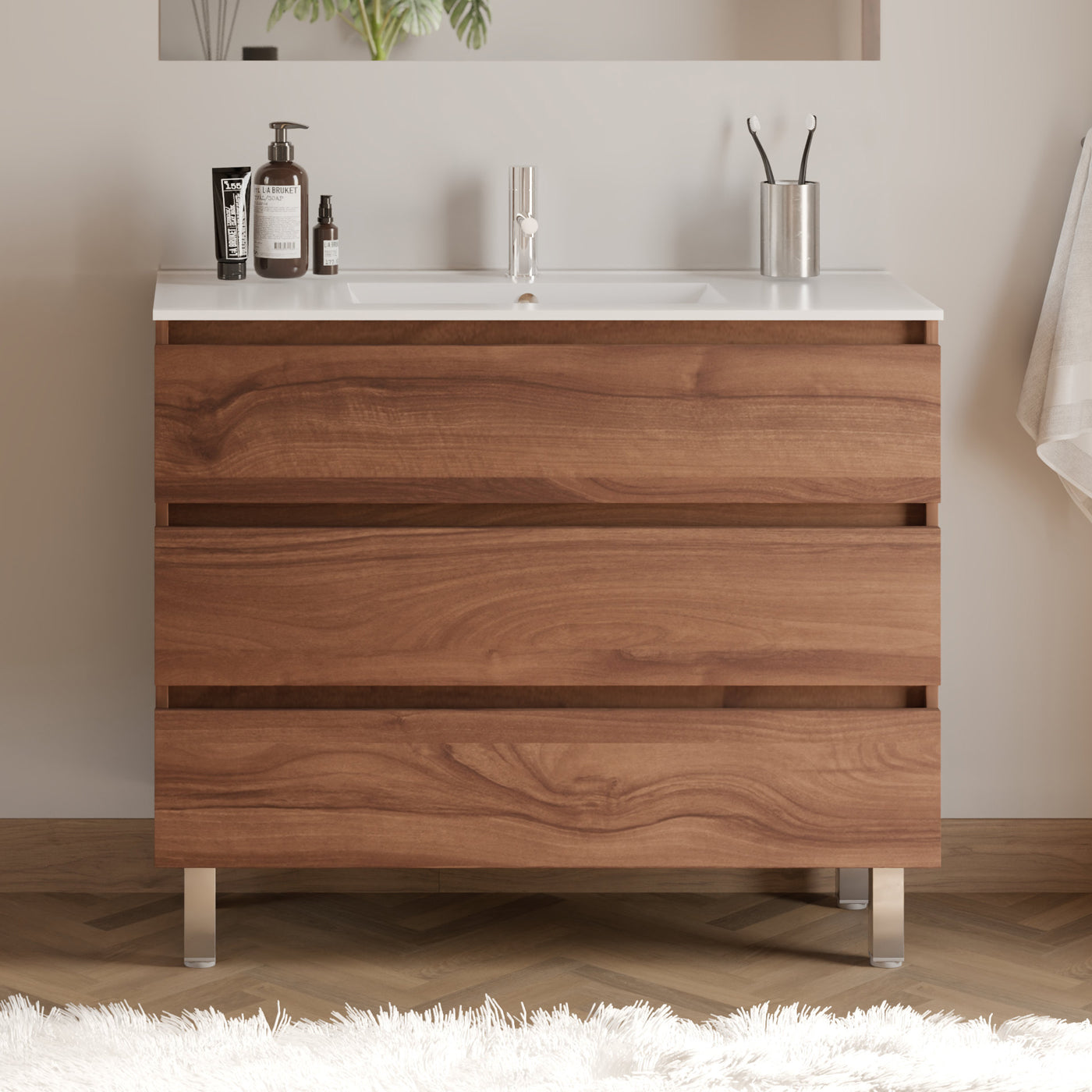 Meuble de salle de bain 90cm simple vasque - sans miroir - 3 tiroirs - MAYOR