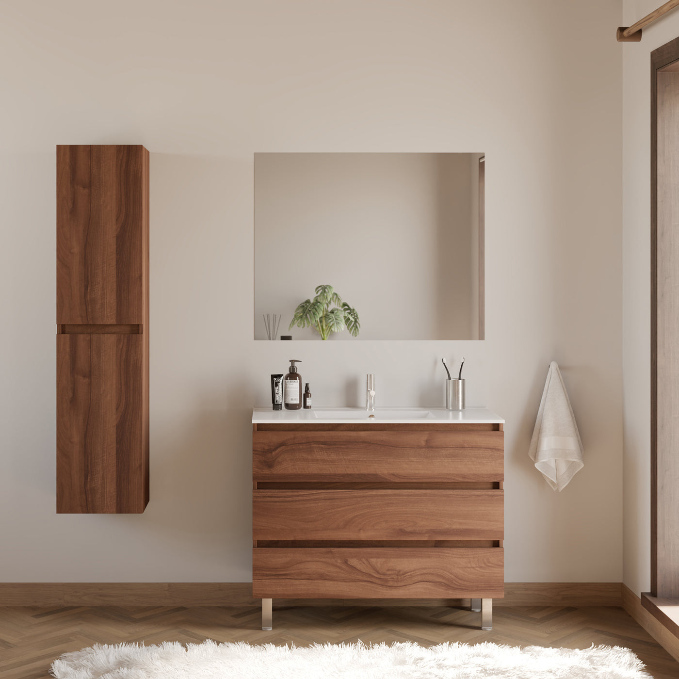 Meuble de salle de bain 90cm simple vasque - sans miroir - 3 tiroirs - MAYOR