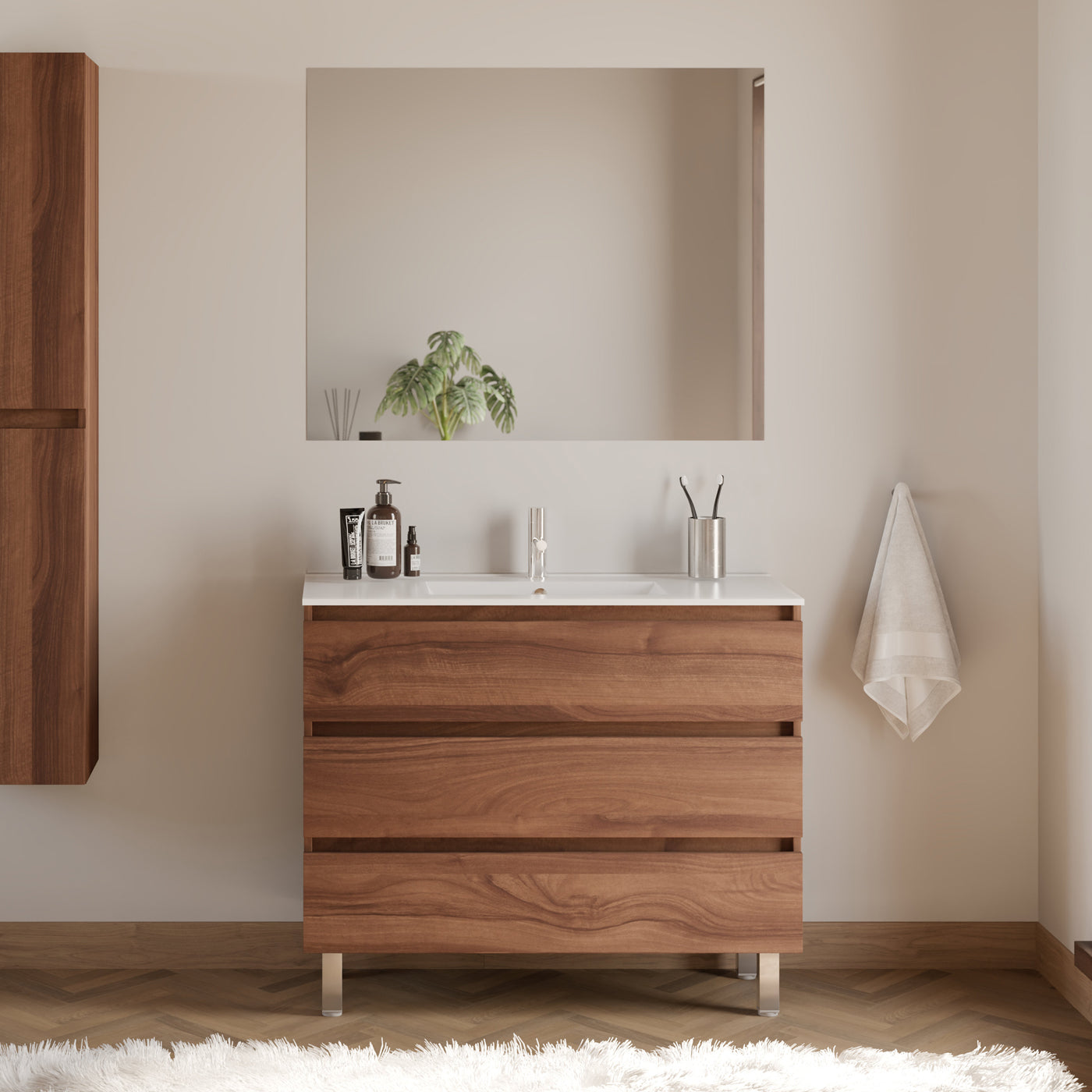 Meuble de salle de bain 90cm simple vasque - sans miroir - 3 tiroirs - MAYOR