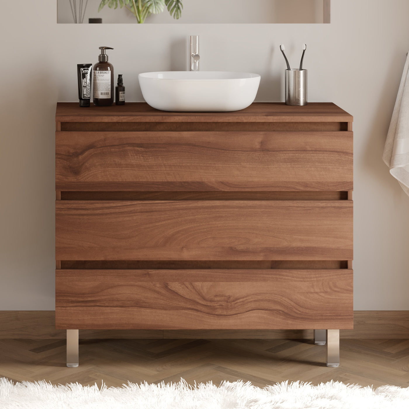 Meuble de salle de bain 100cm avec plateau et vasque à poser arrondie - 3 tiroirs - MAYOR