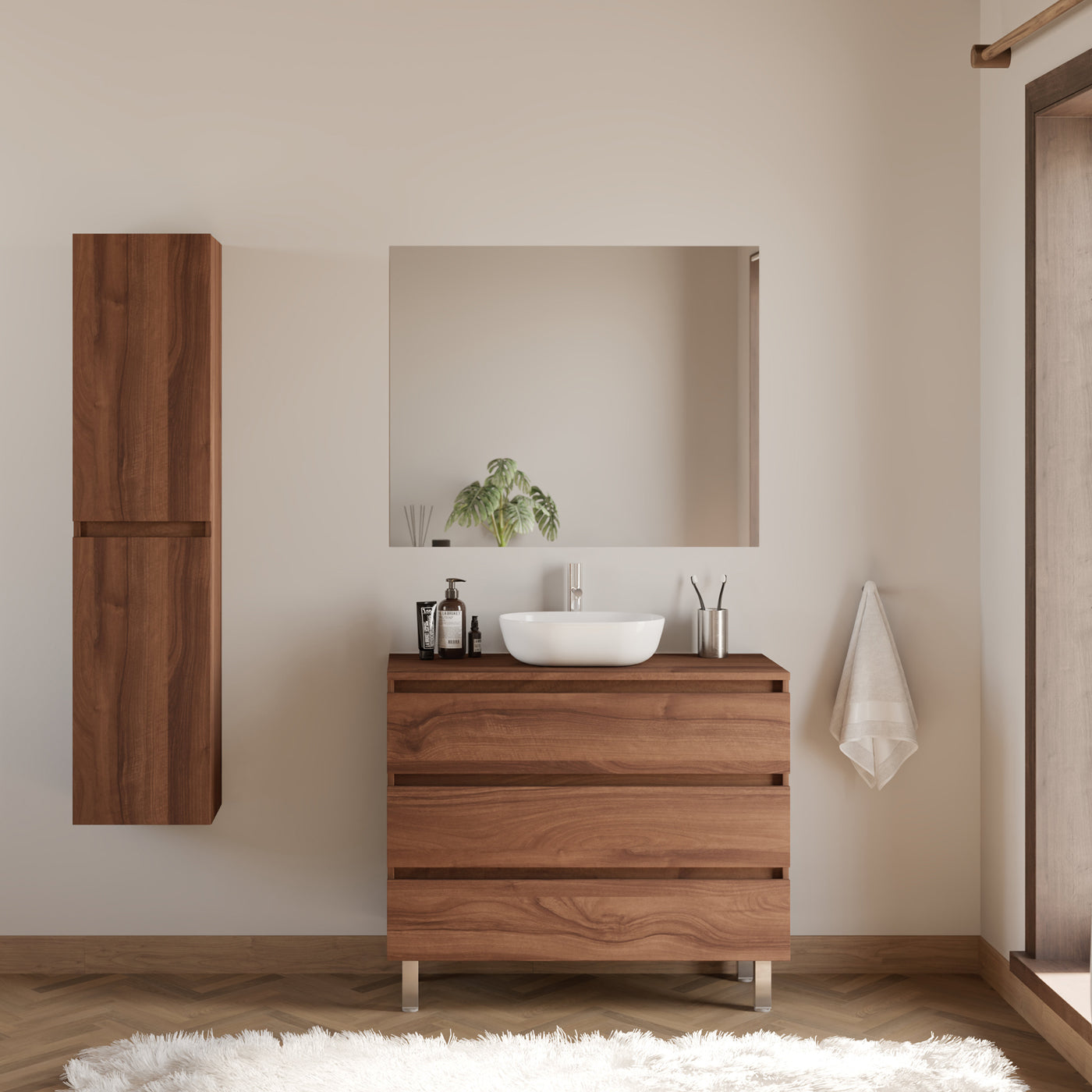 Meuble de salle de bain 100cm avec plateau et vasque à poser arrondie - 3 tiroirs - MAYOR