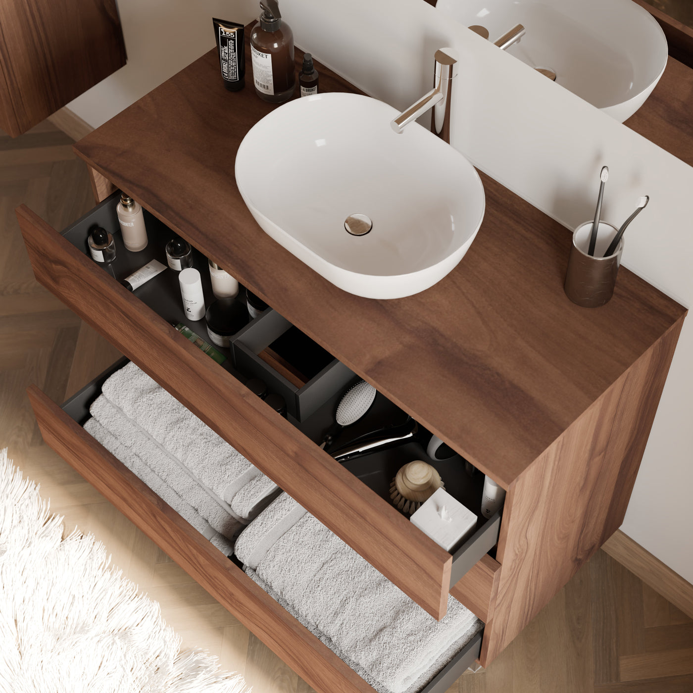 Meuble de salle de bain 100cm avec plateau et vasque à poser arrondie - 3 tiroirs - MAYOR