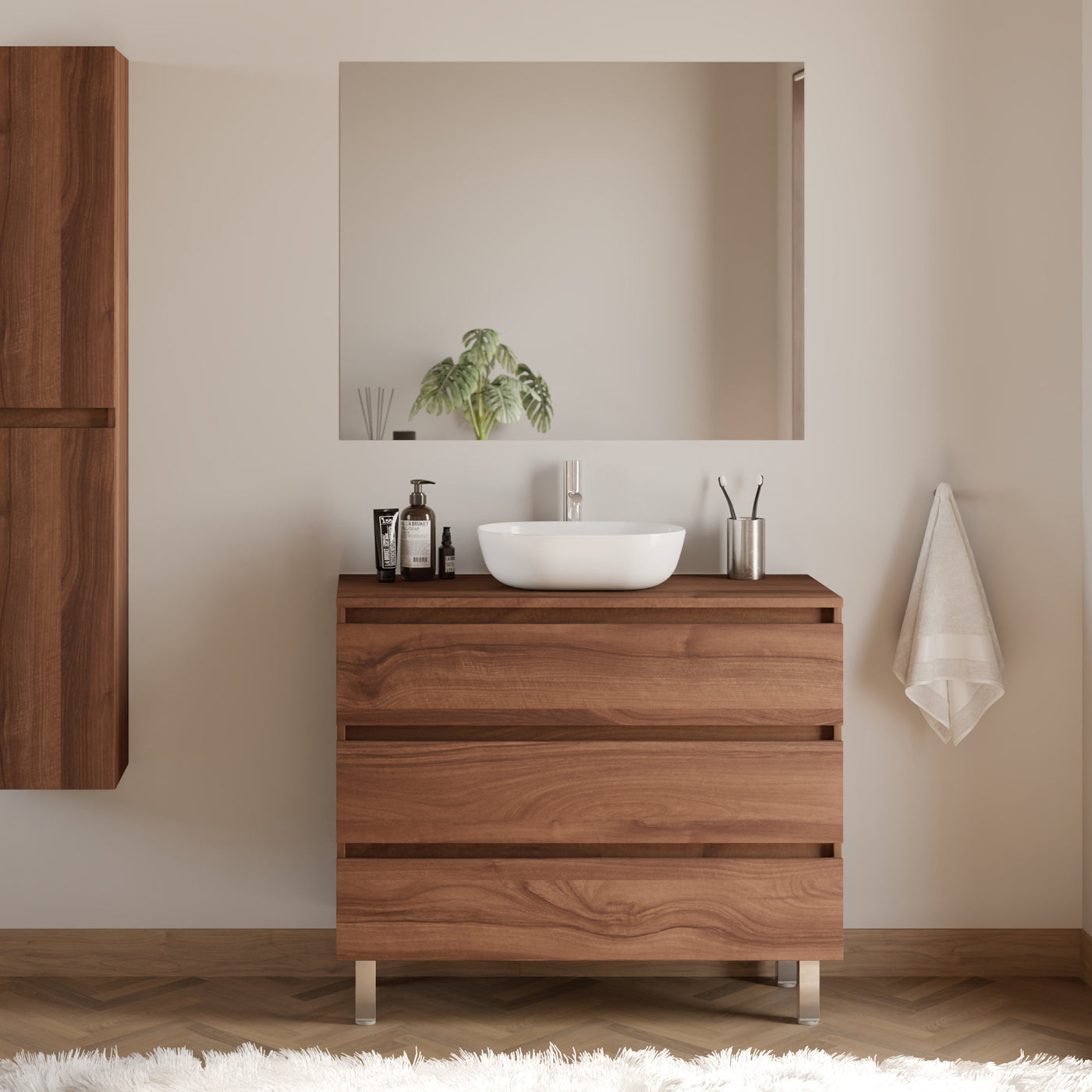Meuble de salle de bain 100cm avec plateau et vasque à poser arrondie - 3 tiroirs - MAYOR