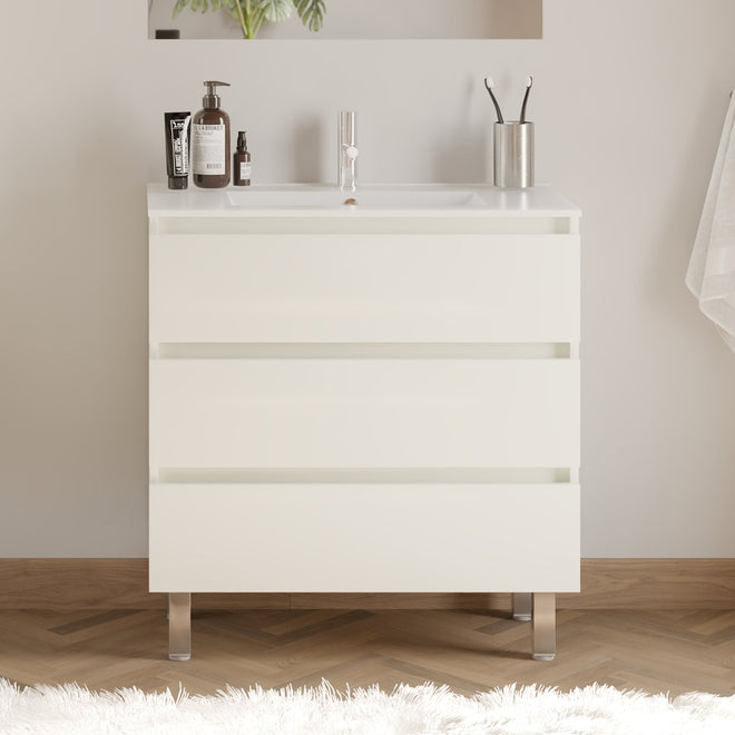Meuble de salle de bain 80cm simple vasque - 3 tiroirs - sans miroir - MAYOR