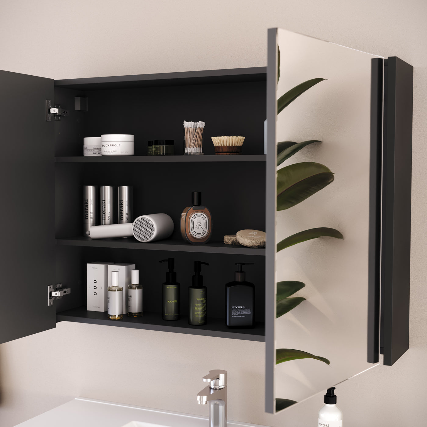 Armoire de toilette miroir MIRANO 100cm noire ouverte