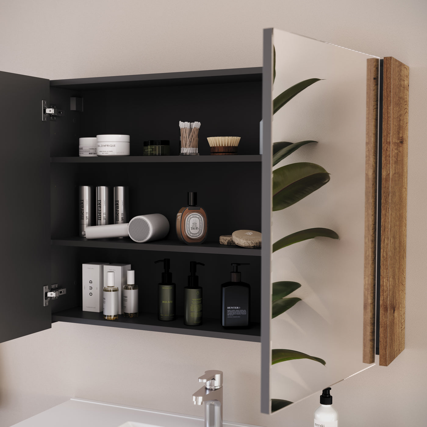Armoire de toilette miroir MIRANO 100cm tabaco ouverte