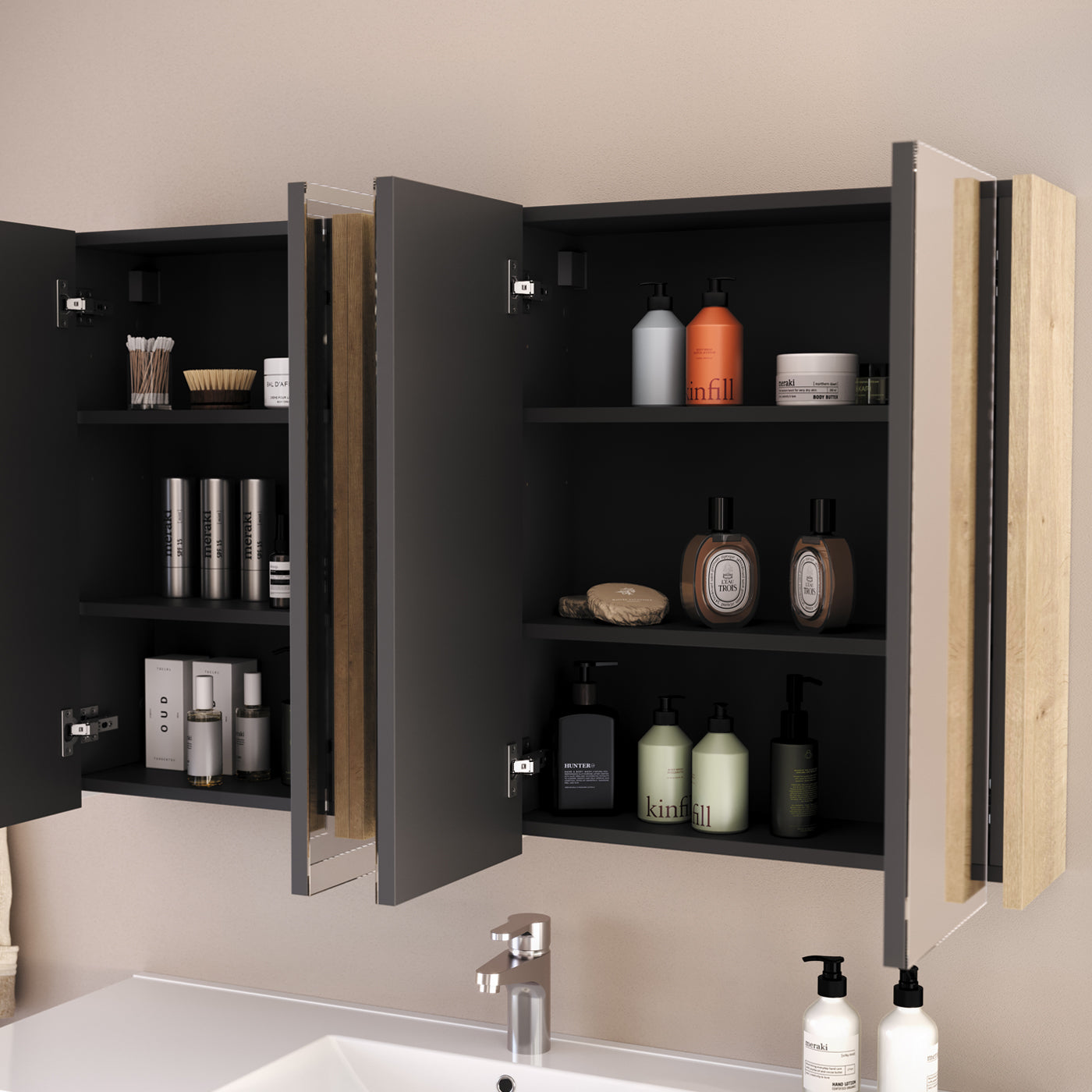 Armoire de toilette miroir MIRANO 120 cm miel ouverte