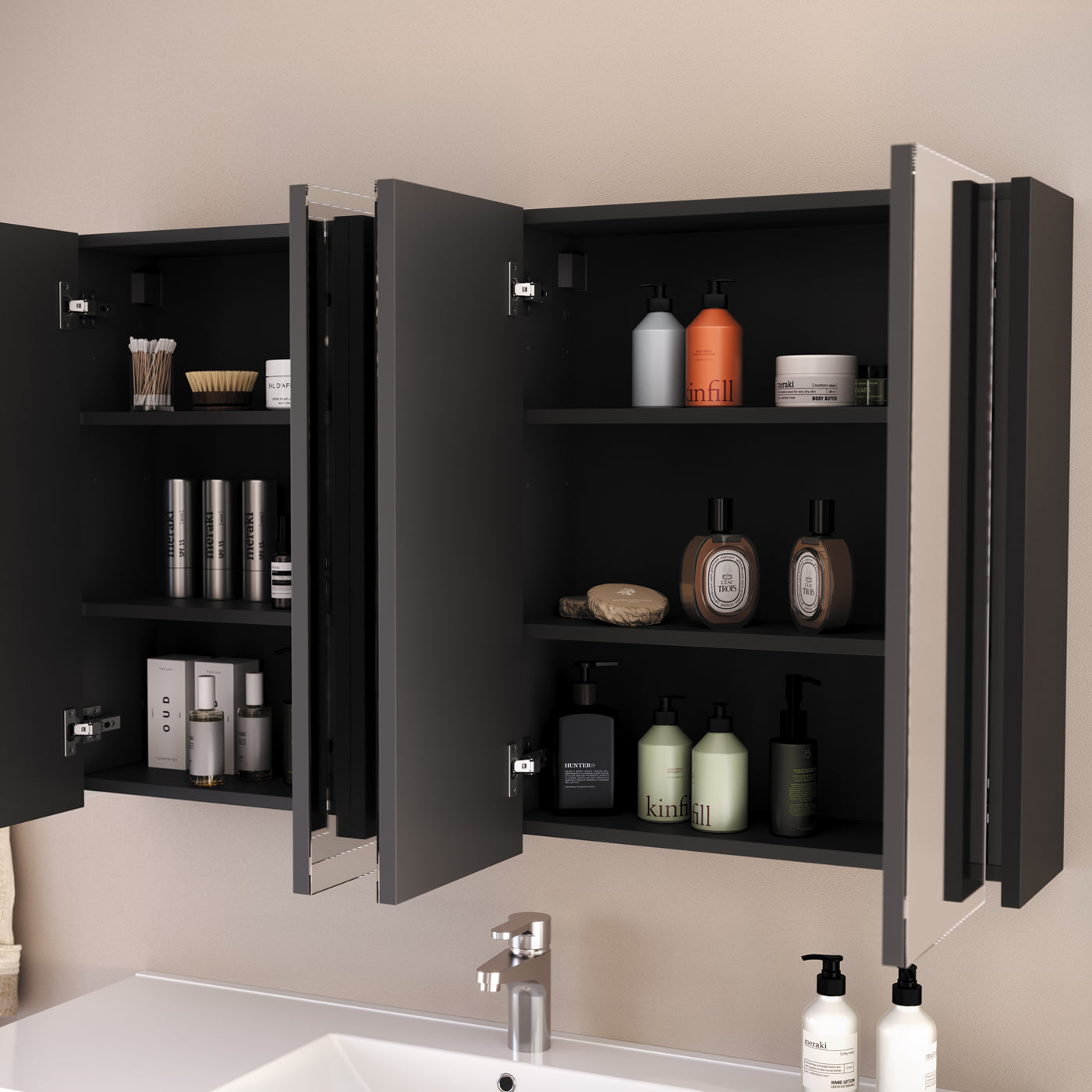 Armoire de toilette miroir MIRANO 120cm noire ouverte