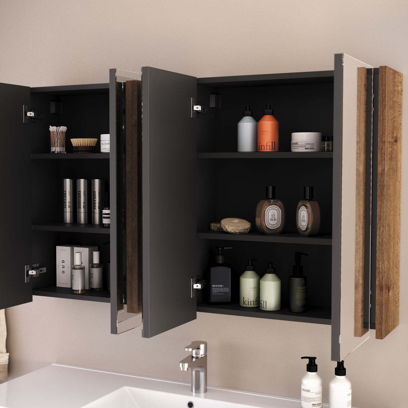 Armoire de toilette miroir MIRANO 120cm tabaco ouverte