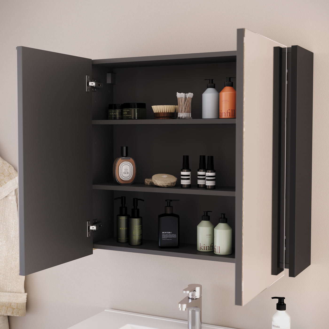 Armoire de toilette miroir MIRANO noire ouverte