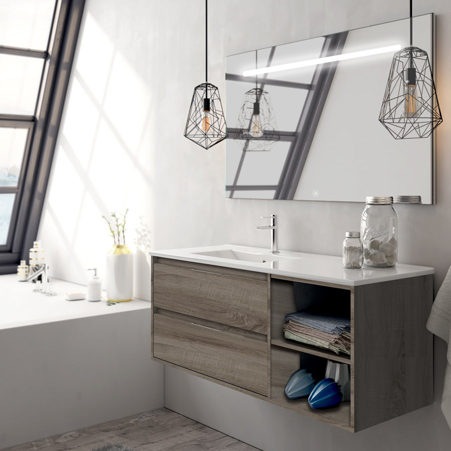 Meuble de salle de bain 120cm vasque déportée 2 tiroirs et miroir Led STAM - OLYMPE