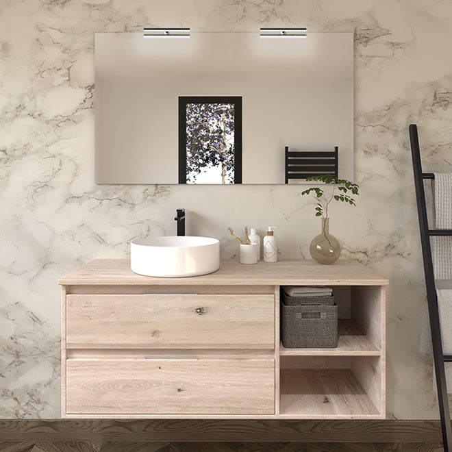 Meuble de salle de bain 120cm avec vasque à poser ronde - 2 tiroirs et miroir avec appliques - OLYMPE