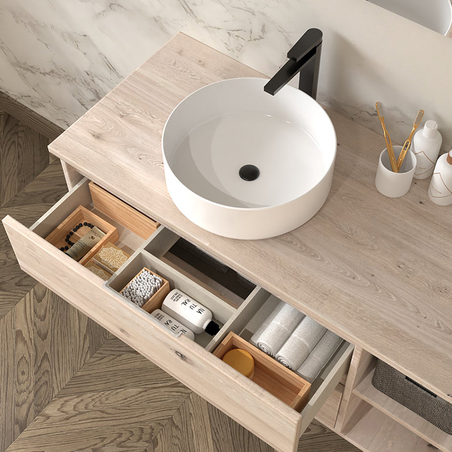 Meuble de salle de bain 120cm avec vasque à poser ronde - 2 tiroirs - sans miroir - OLYMPE