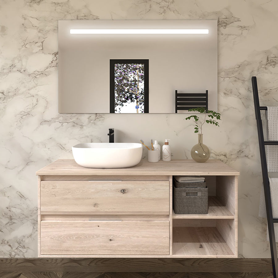 Meuble de salle de bain 120cm avec vasque à poser arrondie - 2 tiroirs et miroir Led STAM - OLYMPE