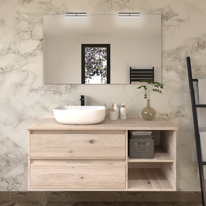 Meuble de salle de bain 120cm avec vasque à poser arrondie - 2 tiroirs et miroir avec appliques - OLYMPE