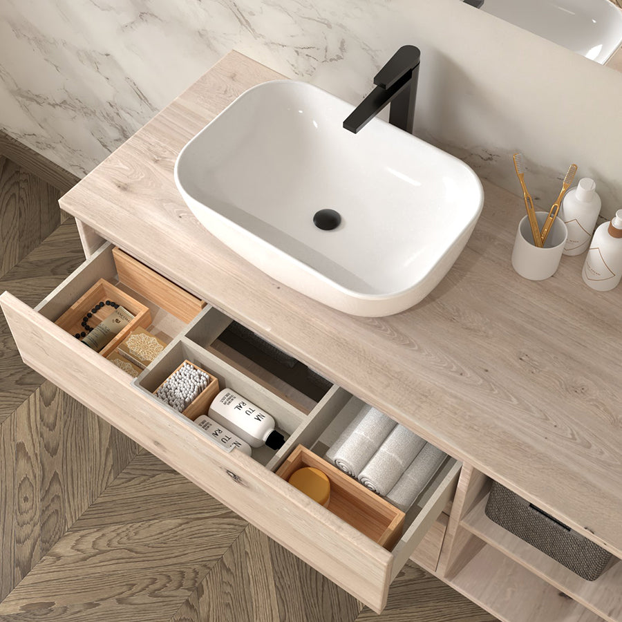 Meuble de salle de bain 120cm avec vasque à poser arrondie - 2 tiroirs - sans miroir - OLYMPE