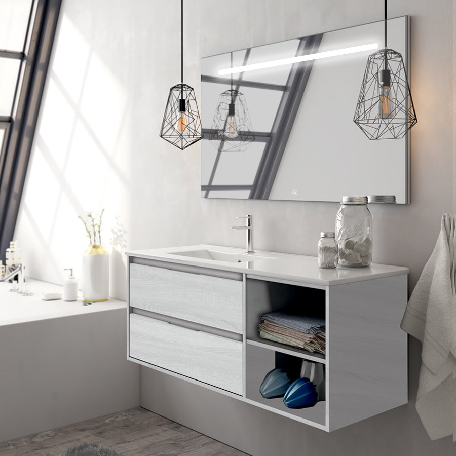 Meuble de salle de bain 120cm vasque déportée 2 tiroirs et miroir Led STAM - OLYMPE