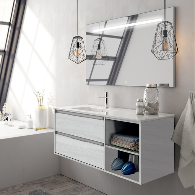 Meuble de salle de bain 120cm vasque déportée 2 tiroirs et miroir Led STAM - OLYMPE
