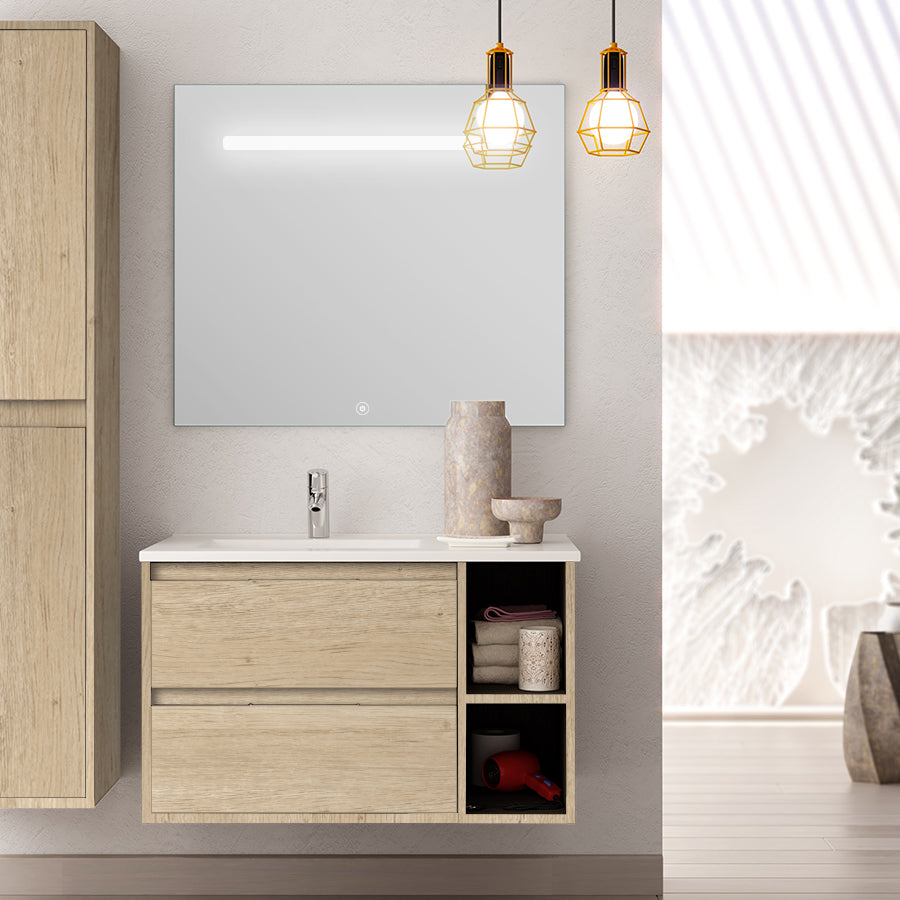 Meuble de salle de bain 80cm vasque déportée 2 tiroirs OLYMPE et miroir Led STAM