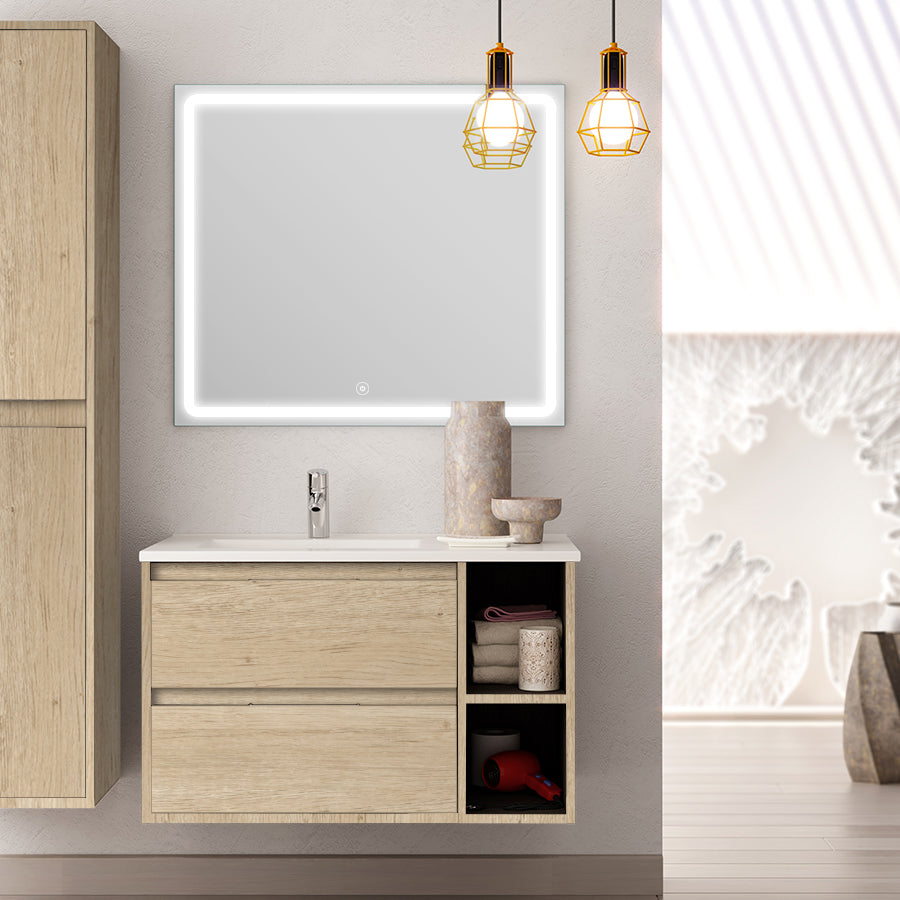 Meuble de salle de bain 80cm vasque déportée 2 tiroirs OLYMPE et miroir Led VELDI