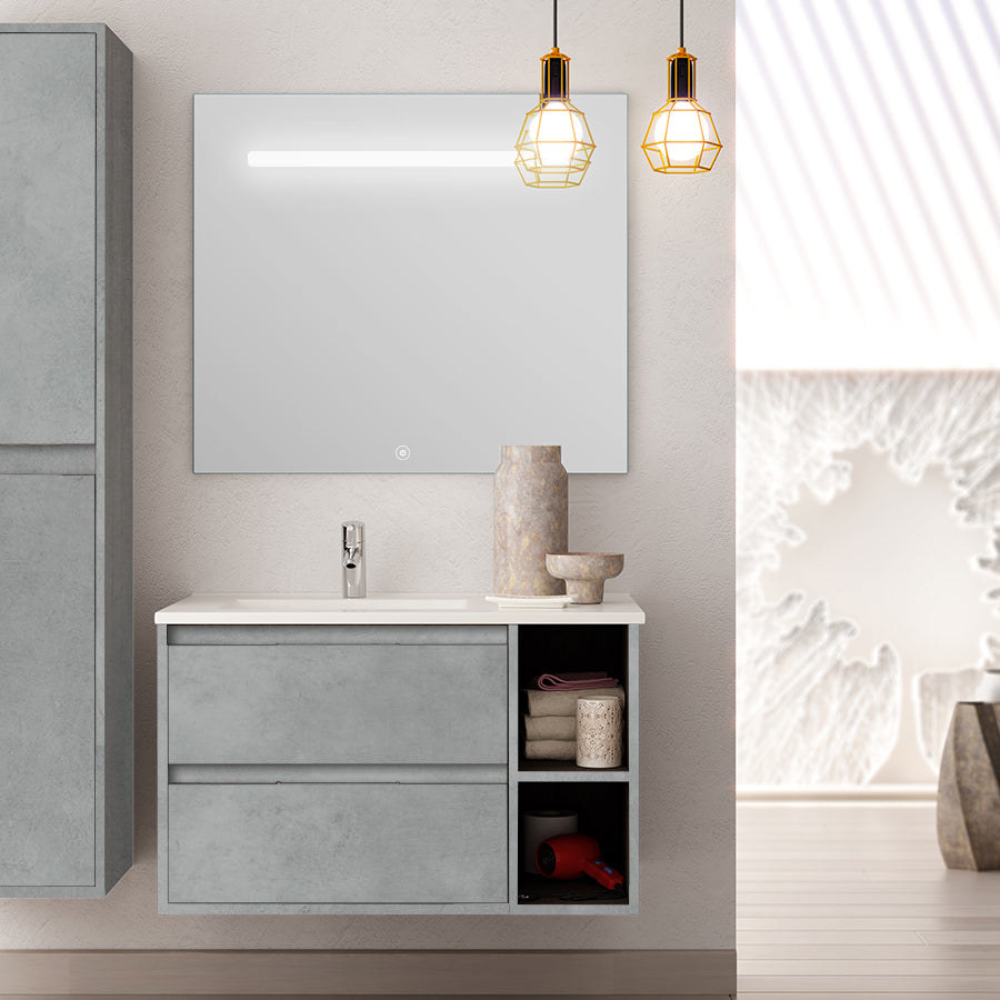 Meuble de salle de bain 80cm vasque déportée 2 tiroirs OLYMPE et miroir Led STAM
