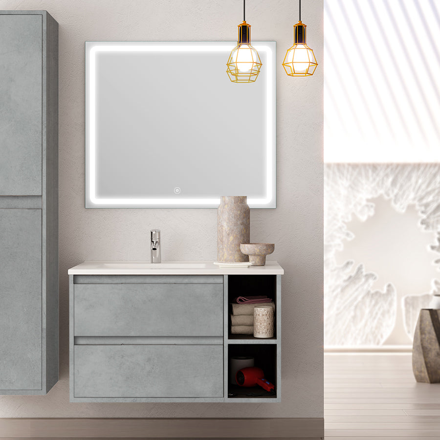 Meuble de salle de bain 80cm vasque déportée 2 tiroirs OLYMPE et miroir Led VELDI