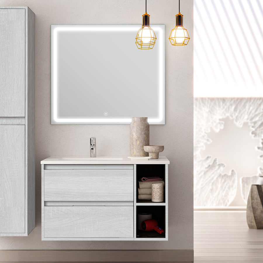 Meuble de salle de bain 80cm vasque déportée 2 tiroirs OLYMPE et miroir Led VELDI