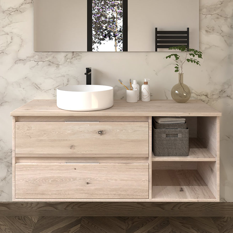 Meuble de salle de bain 120cm avec vasque à poser ronde - 2 tiroirs - sans miroir - OLYMPE