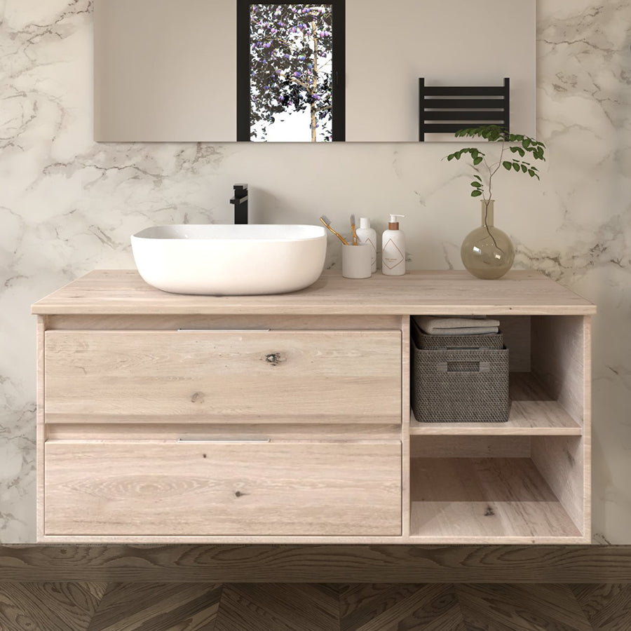 Meuble de salle de bain 120cm avec vasque à poser arrondie - 2 tiroirs - sans miroir - OLYMPE