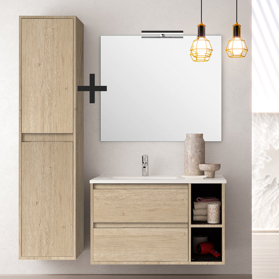 Ensemble meuble de salle de bain 80cm vasque déportée + colonne de rangement OLYMPE