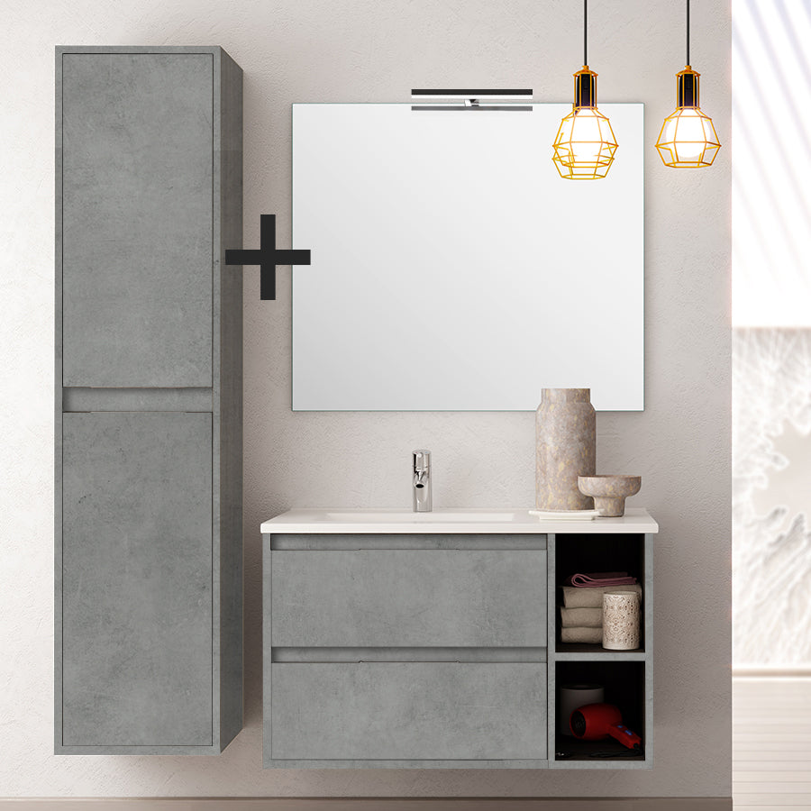 Ensemble meuble de salle de bain 80cm vasque déportée + colonne de rangement OLYMPE