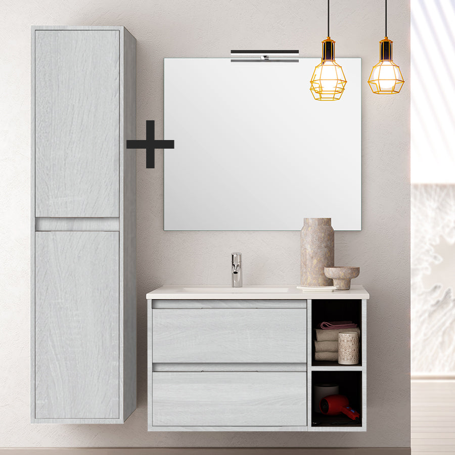 Ensemble meuble de salle de bain 80cm vasque déportée + colonne de rangement OLYMPE