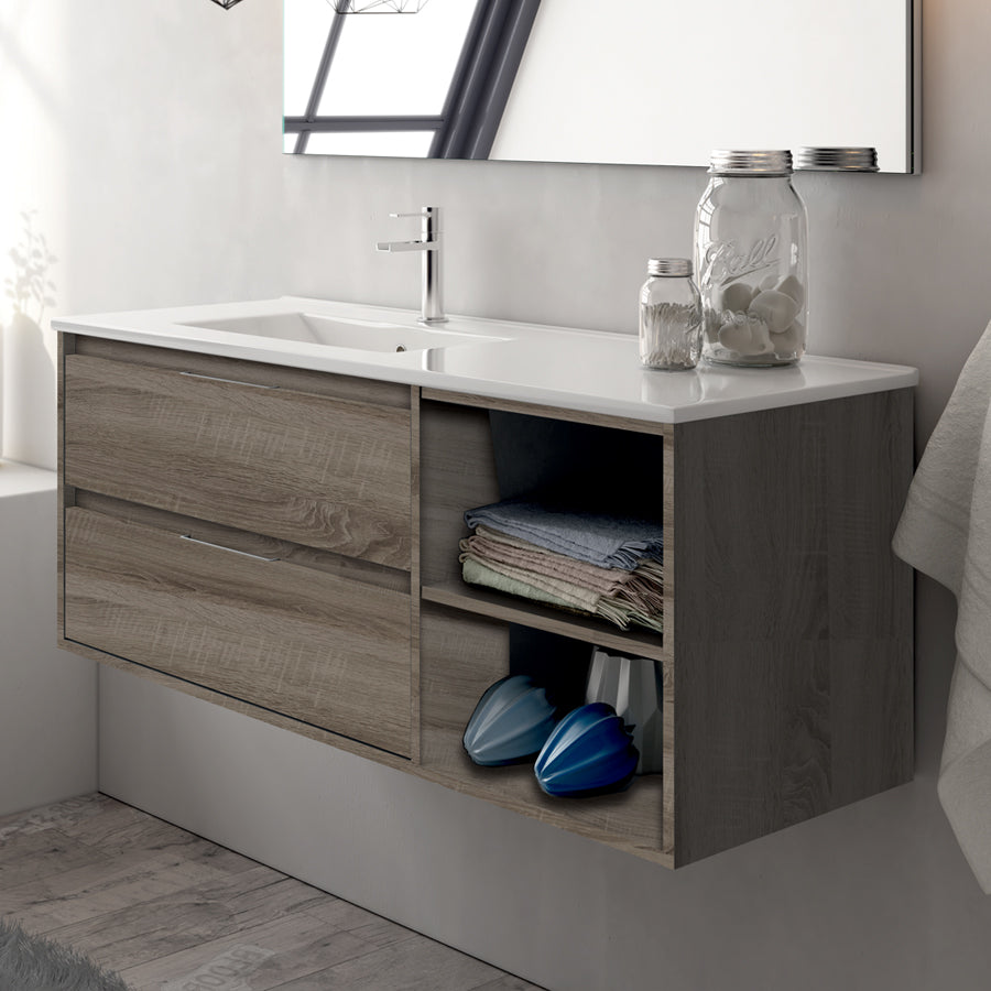 Meuble de salle de bain 120cm vasque déportée - 2 tiroirs et 2 niches - sans miroir - OLYMPE