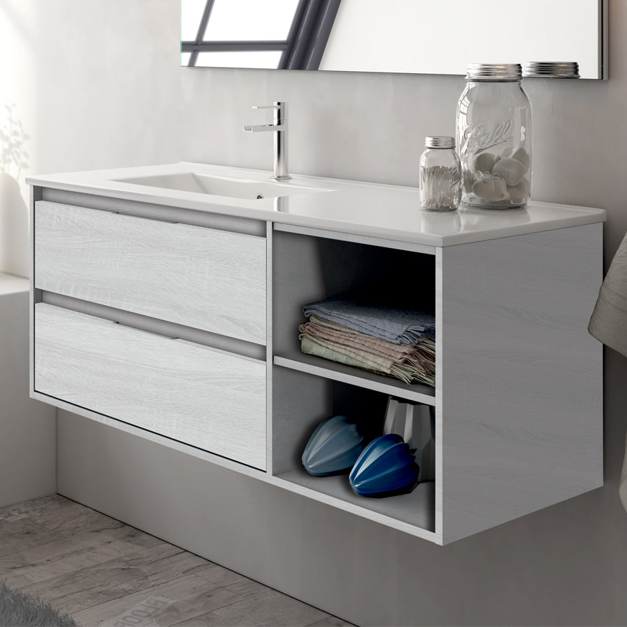 Meuble de salle de bain 120cm vasque déportée - 2 tiroirs et 2 niches - sans miroir - OLYMPE