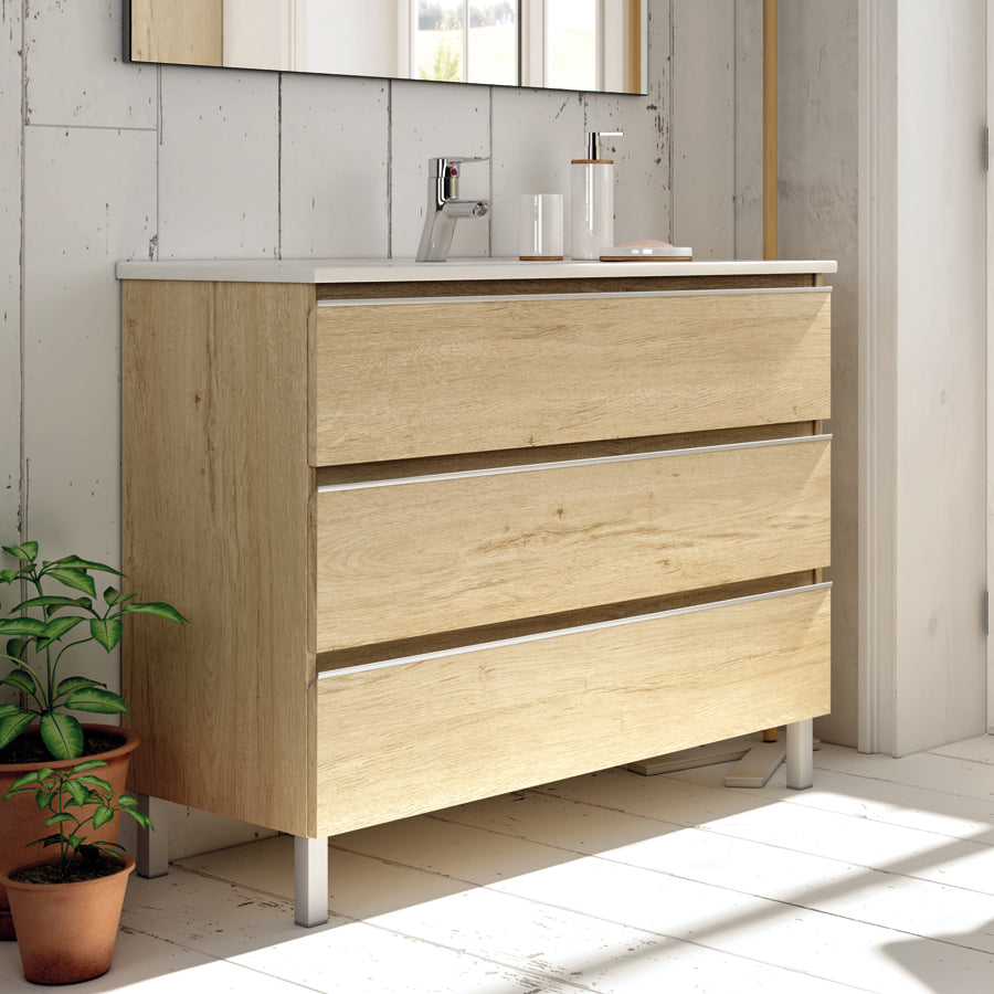 Ensemble meuble de salle de bain 100cm simple vasque + colonne de rangement PALMA