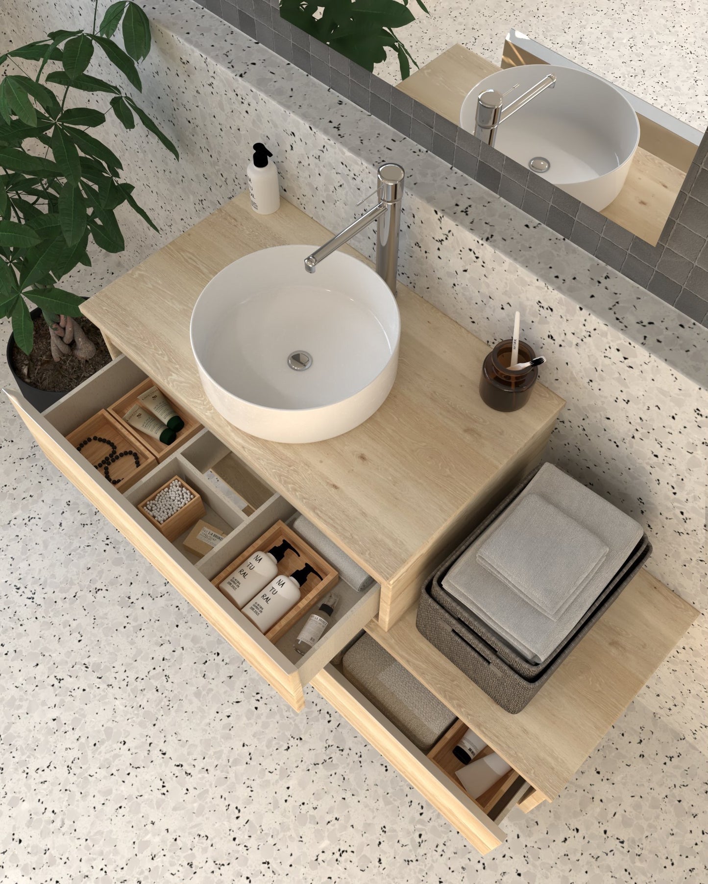 Meuble de salle de bain 120cm avec vasque à poser ronde - 2 tiroirs - sans miroir - PENA