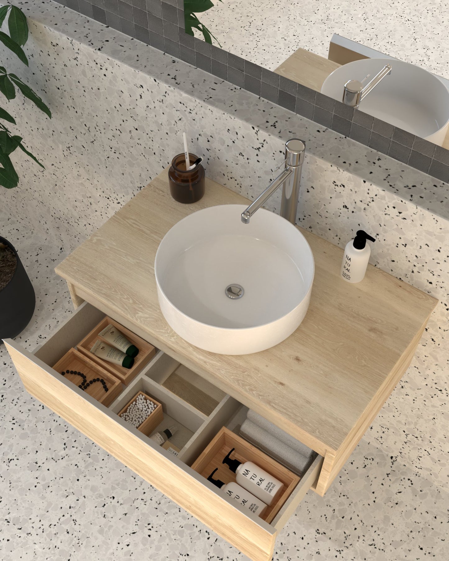 Meuble de salle de bain 80cm avec vasque à poser ronde - 1 tiroir et miroir avec applique -  PENA