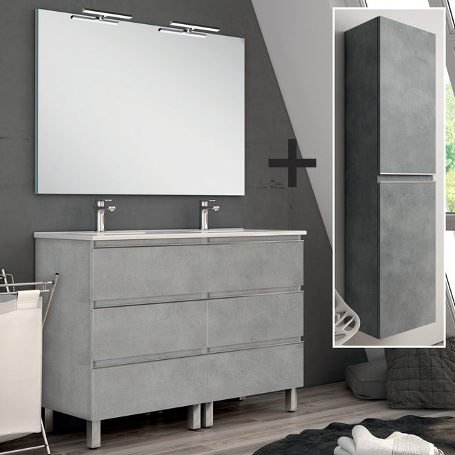 Ensemble meuble de salle de bain 120cm double vasque + colonne de rangement PALMA