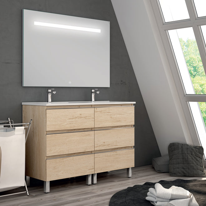 Meuble de salle de bain 120cm double vasque - 6 tiroirs - PALMA et miroir Led STAM
