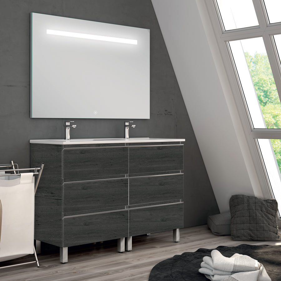 Meuble de salle de bain 120cm double vasque - 6 tiroirs - PALMA et miroir Led STAM