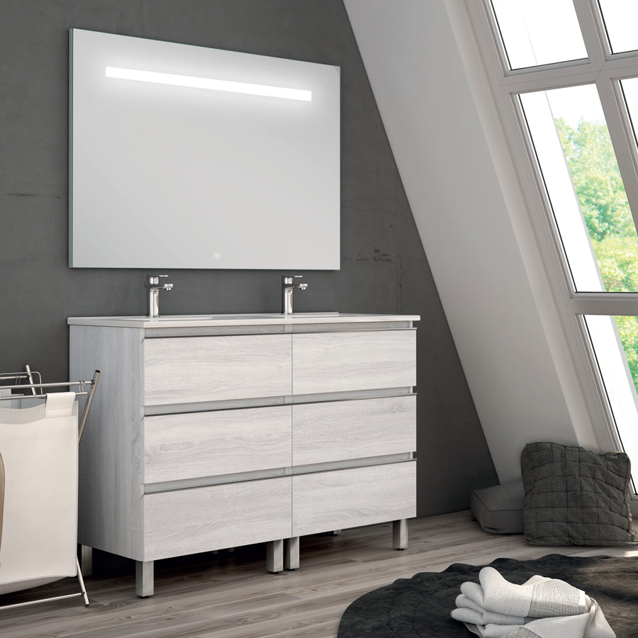 Meuble de salle de bain 120cm double vasque - 6 tiroirs - PALMA et miroir Led STAM