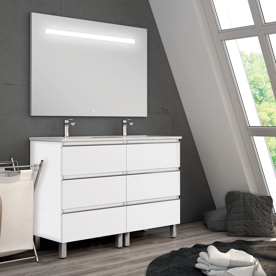 Meuble de salle de bain 120cm double vasque - 6 tiroirs - PALMA et miroir Led STAM