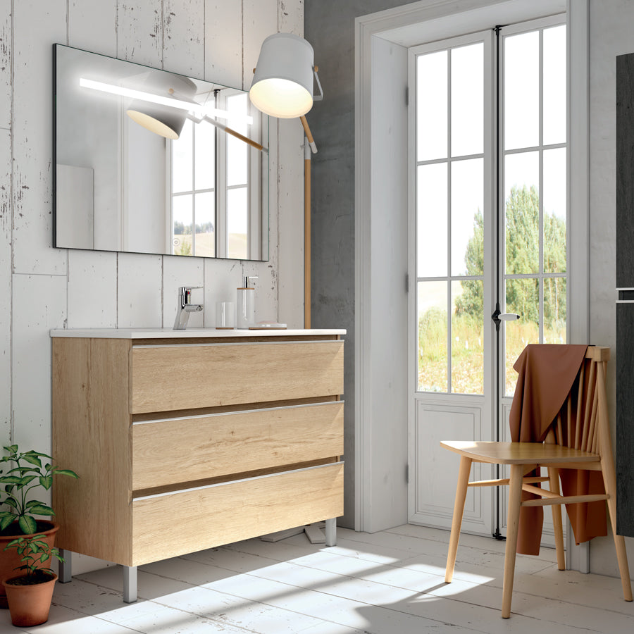 Meuble de salle de bain 60cm simple vasque - 3 tiroirs - PALMA et miroir Led STAM
