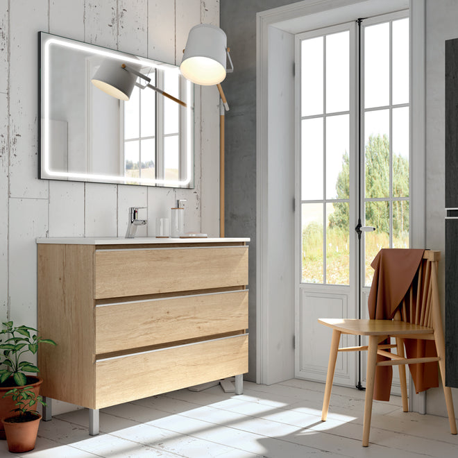 Meuble de salle de bain 80cm simple vasque - 3 tiroirs - PALMA et miroir Led VELDI