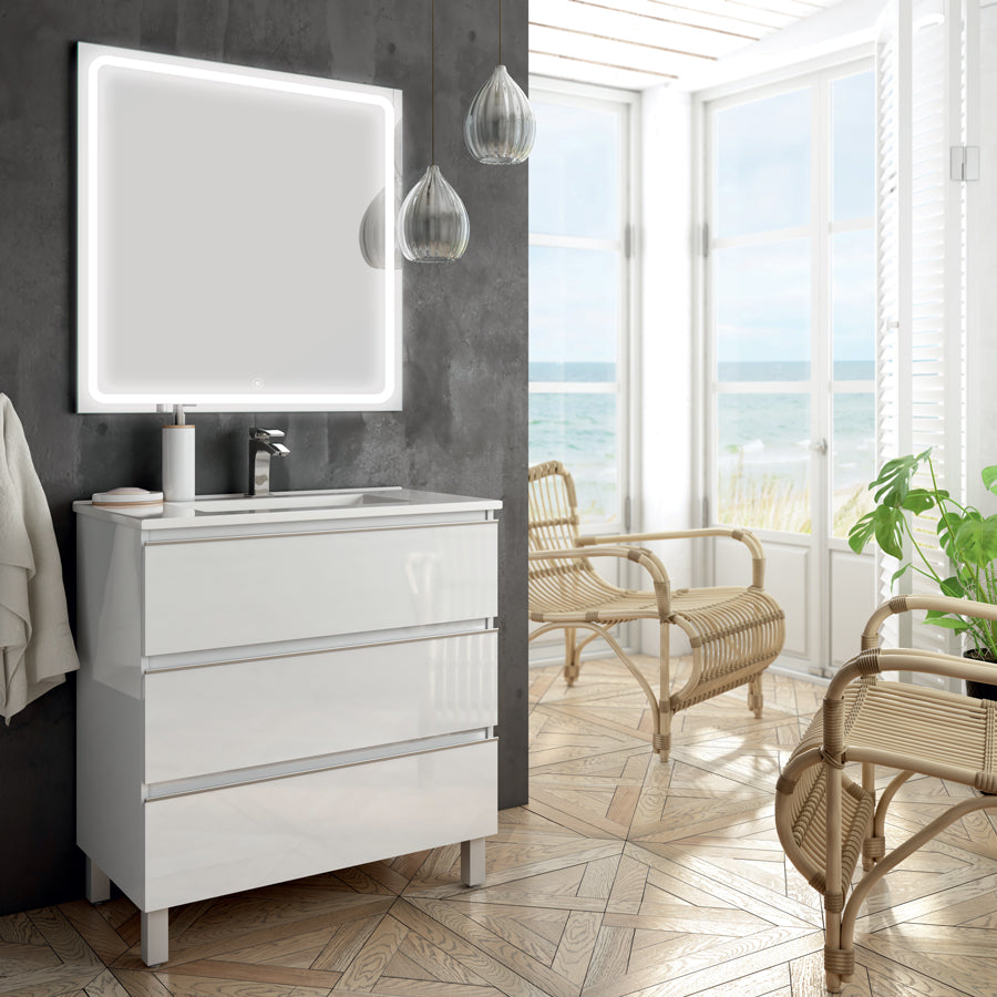 Meuble de salle de bain 100cm simple vasque - 3 tiroirs - PALMA et miroir Led VELDI