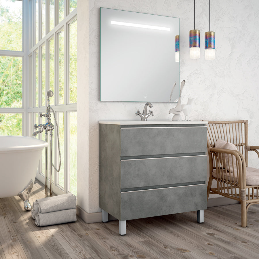 Meuble de salle de bain 60cm simple vasque - 3 tiroirs - PALMA et miroir Led STAM