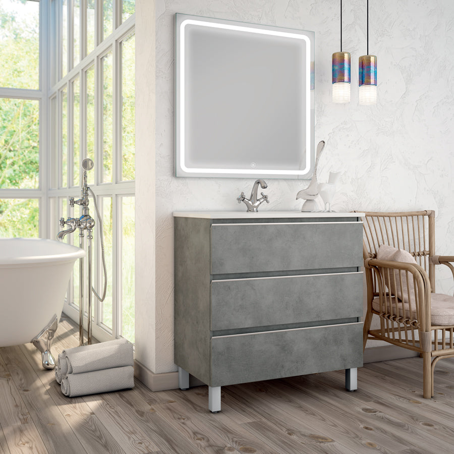Meuble de salle de bain 100cm simple vasque - 3 tiroirs - PALMA et miroir Led VELDI