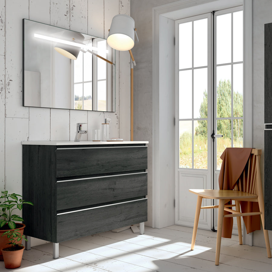 Meuble de salle de bain 60cm simple vasque - 3 tiroirs - PALMA et miroir Led STAM