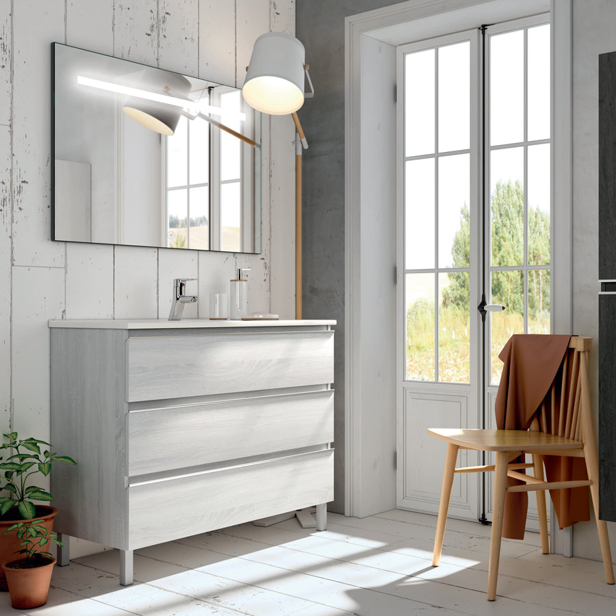 Meuble de salle de bain 60cm simple vasque - 3 tiroirs - PALMA et miroir Led STAM