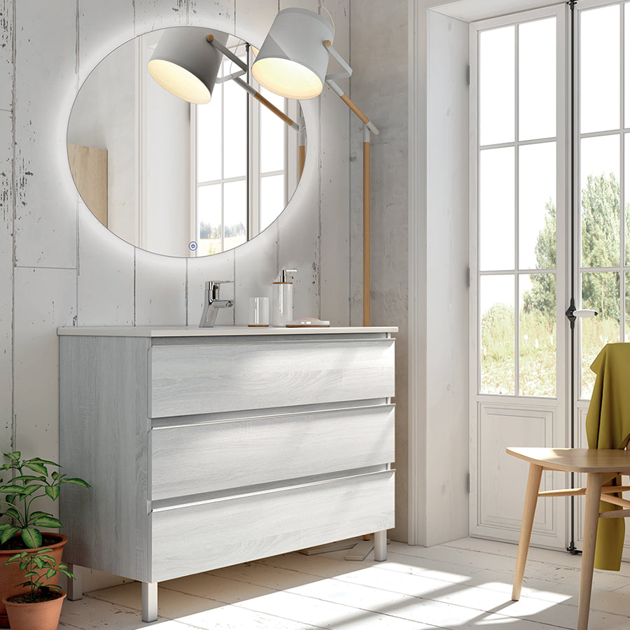 Meuble de salle de bain 70cm simple vasque - 3 tiroirs - PALMA et miroir rond Led SOLEN